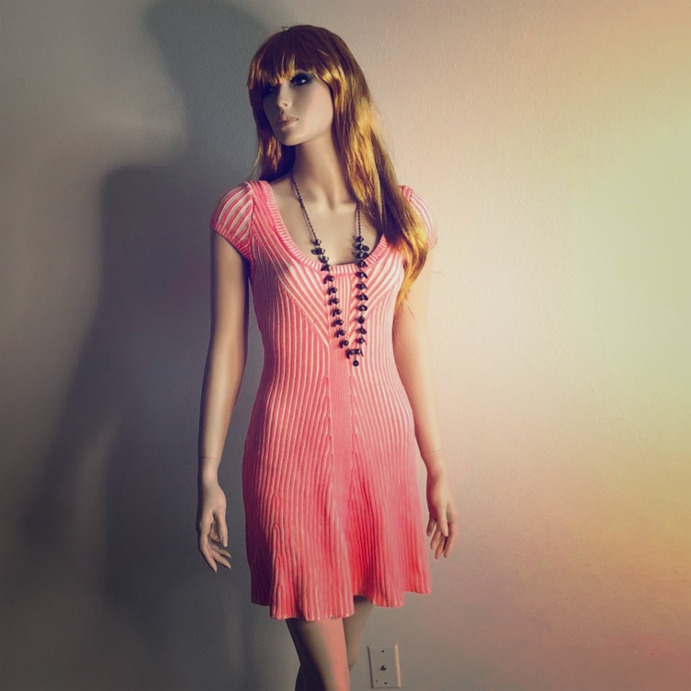 Free People Neon Pink & Cream Mini Dress S EUC
